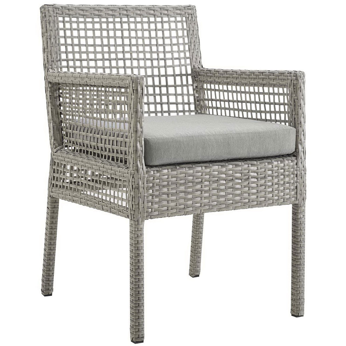 Aura gray wicker rattan outdoor dining armchair with open lattice sides and matching gray seat cushion || EEI-2920-GRY-GRY || front_angle_studio