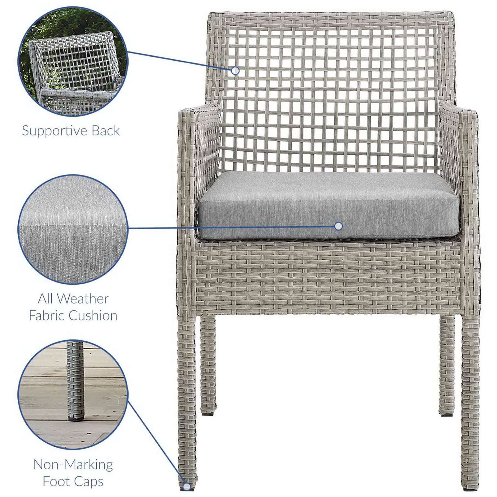 Aura gray wicker patio armchair highlighting supportive back, all-weather cushion, and non-marking foot caps || EEI-2920-GRY-GRY || callout_studio