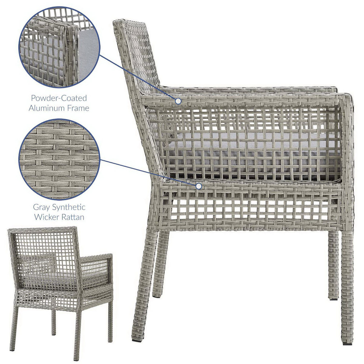 Gray synthetic wicker and powder-coated aluminum frame combine for a lightweight, weather-resistant patio armchair || EEI-2920-GRY-GRY || callout_studio