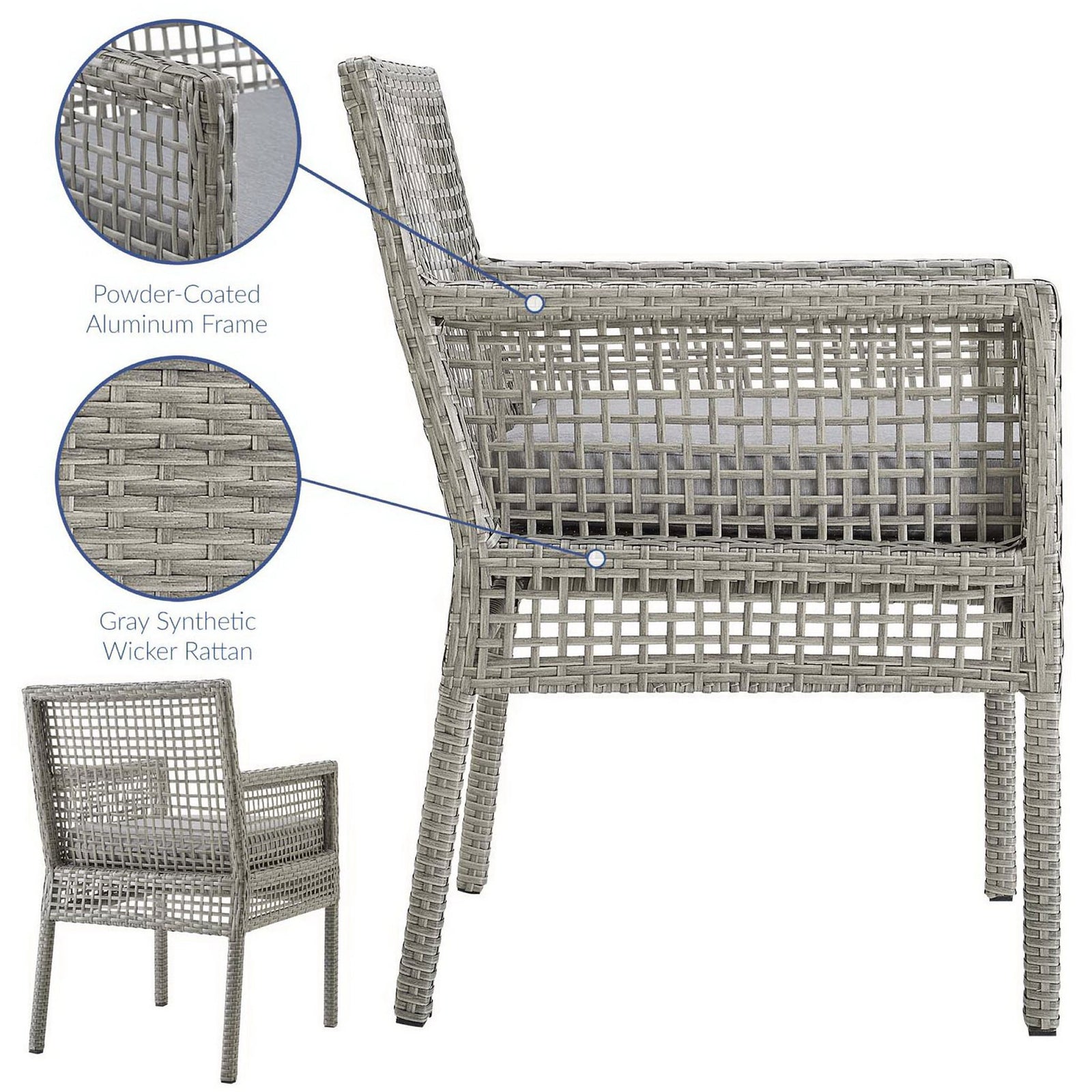Gray synthetic wicker and powder-coated aluminum frame combine for a lightweight, weather-resistant patio armchair || EEI-2920-GRY-GRY || callout_studio