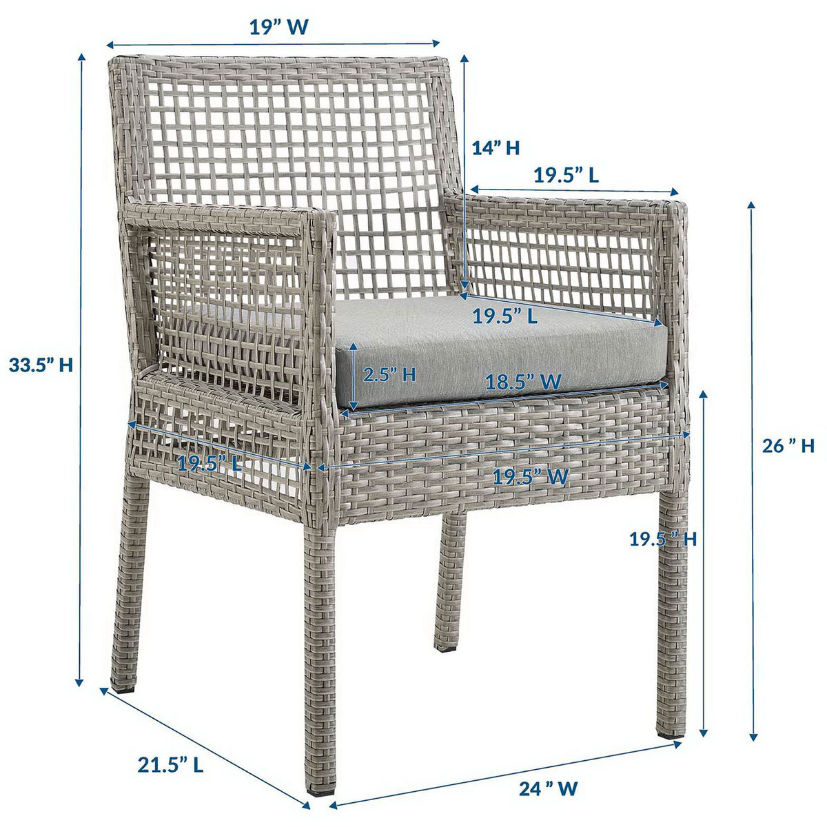 Aura gray wicker dining armchair with seat, arm, and overall dimensions shown for easy outdoor space planning || EEI-2920-GRY-GRY || dimension_studio