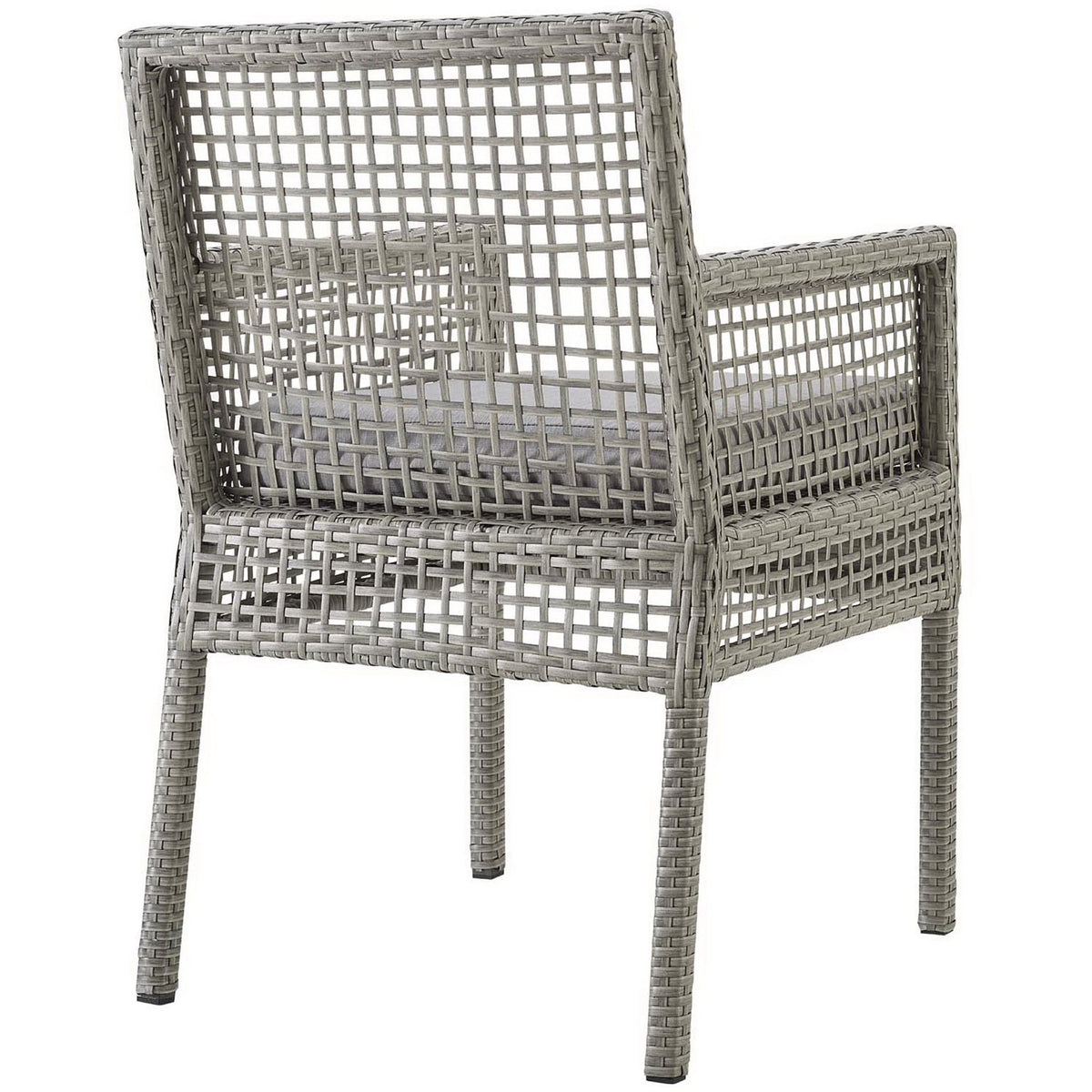 Open weave gray wicker back and gently angled legs give this outdoor dining armchair airy, modern style || EEI-2920-GRY-GRY || back_angle_studio
