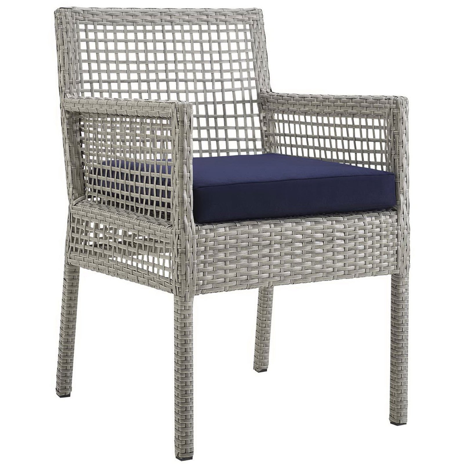 Aura gray wicker rattan outdoor dining armchair featuring a deep navy all-weather seat cushion || EEI-2920-GRY-NAV || front_angle_studio