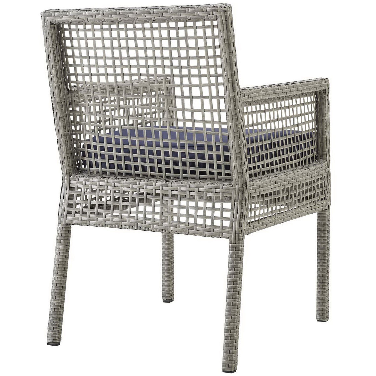 Airy open-weave back and tapered legs lend this gray and navy outdoor dining armchair a light, contemporary feel || EEI-2920-GRY-NAV || back_angle_studio