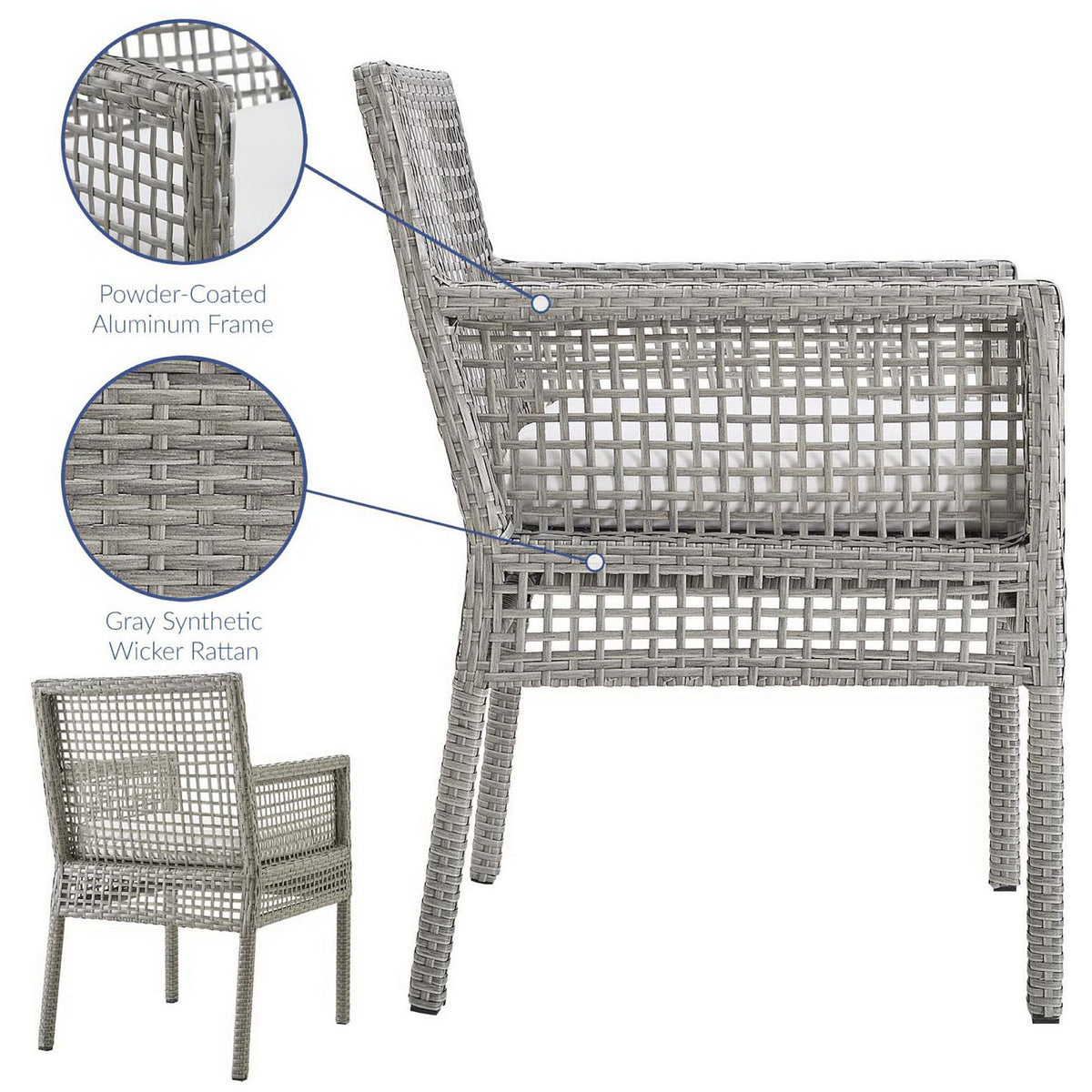 Weather-resistant synthetic wicker and powder-coated aluminum frame create a durable gray and white patio armchair || EEI-2920-GRY-WHI || callout_studio
