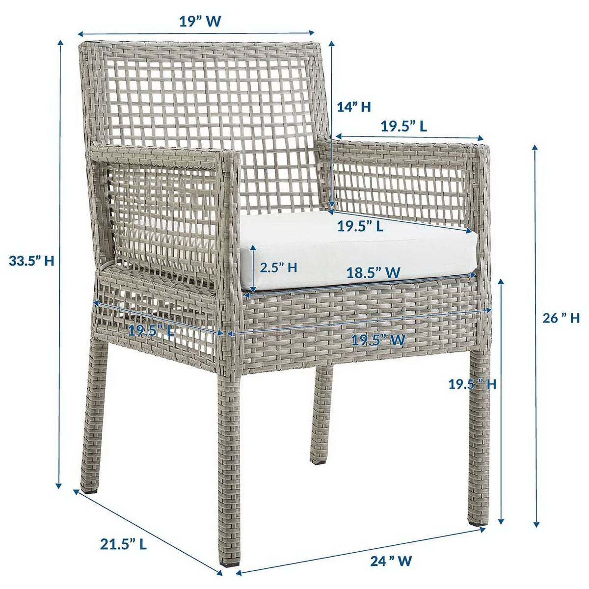 Aura gray wicker armchair with white cushion shown with detailed seat, arm, and height measurements || EEI-2920-GRY-WHI || dimension_studio