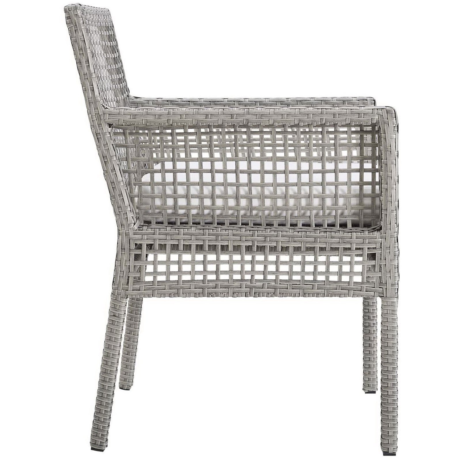 Streamlined gray wicker frame and squared arms contrast with a white cushion for a fresh patio dining look || EEI-2920-GRY-WHI || side_studio