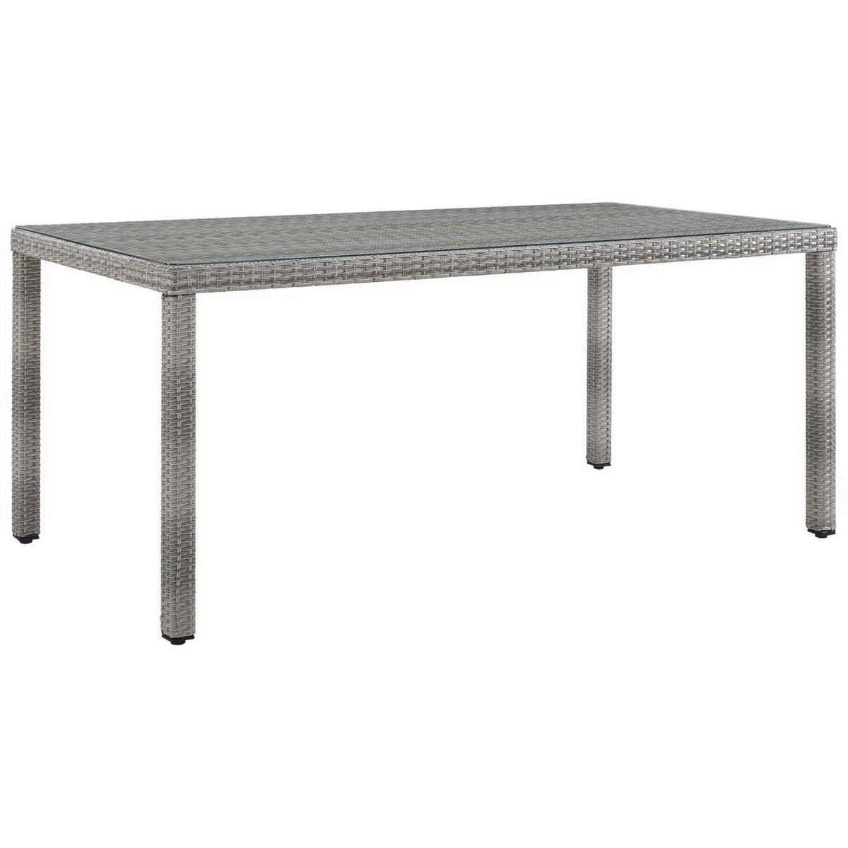 Sleek gray wicker outdoor dining table with tempered glass top and slim legs || EEI-2921-GRY || front_angle_studio