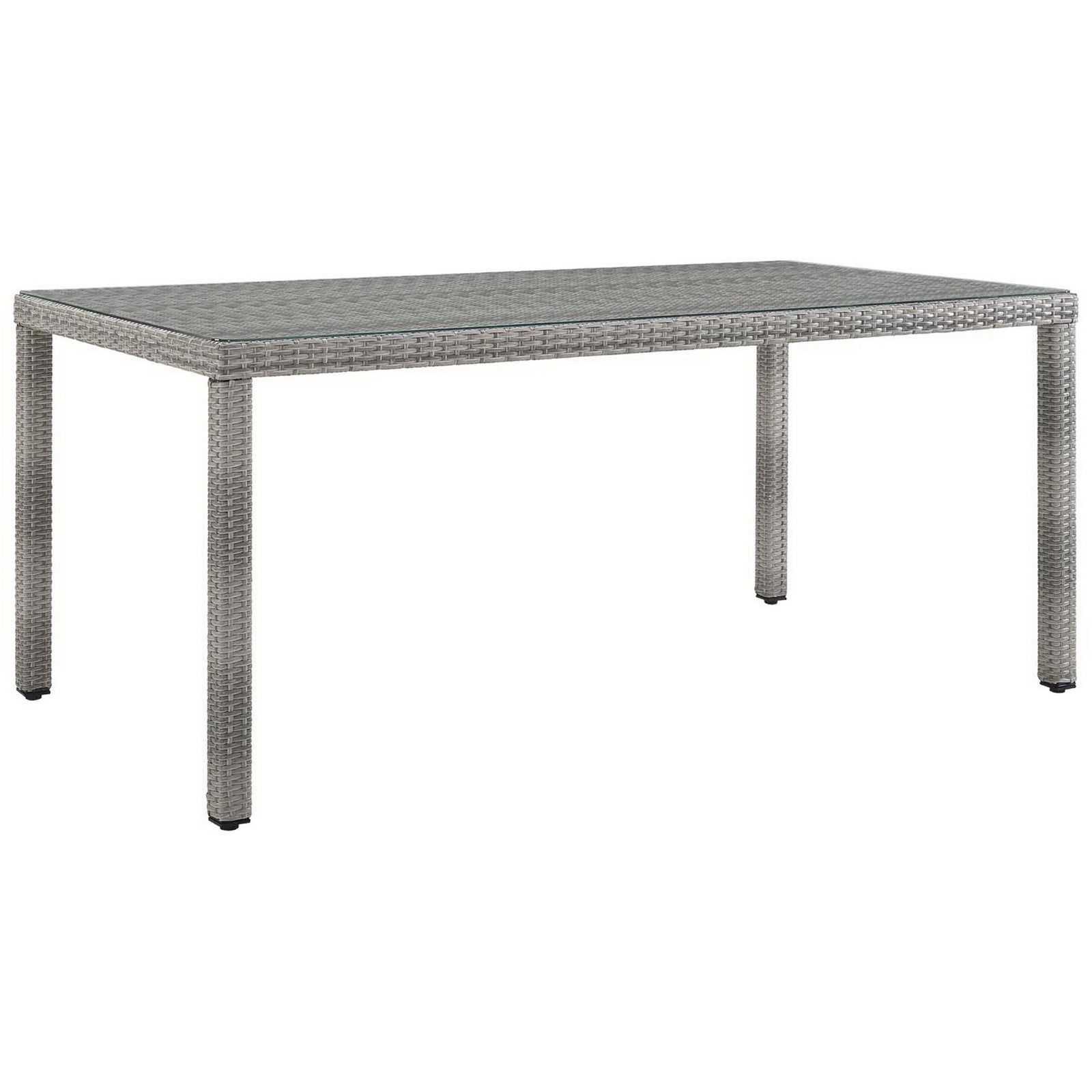 Sleek gray wicker outdoor dining table with tempered glass top and slim legs || EEI-2921-GRY || front_angle_studio