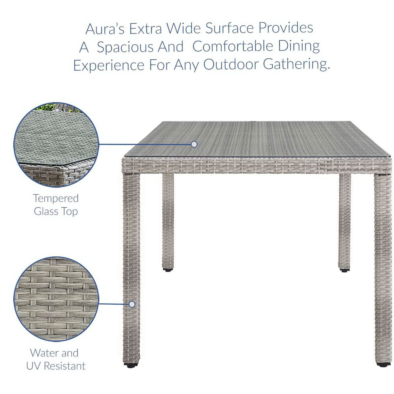 Extra wide gray wicker patio table with tempered glass top and water resistant feature highlights || EEI-2921-GRY || callout_studio