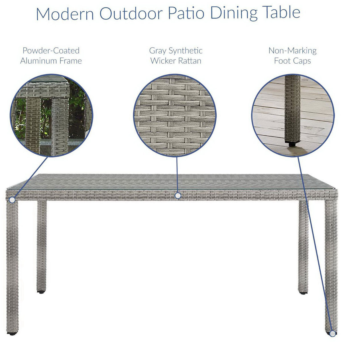 Durable outdoor dining table detailing powder coated frame, woven wicker texture, and non marking foot caps || EEI-2921-GRY || callout_studio