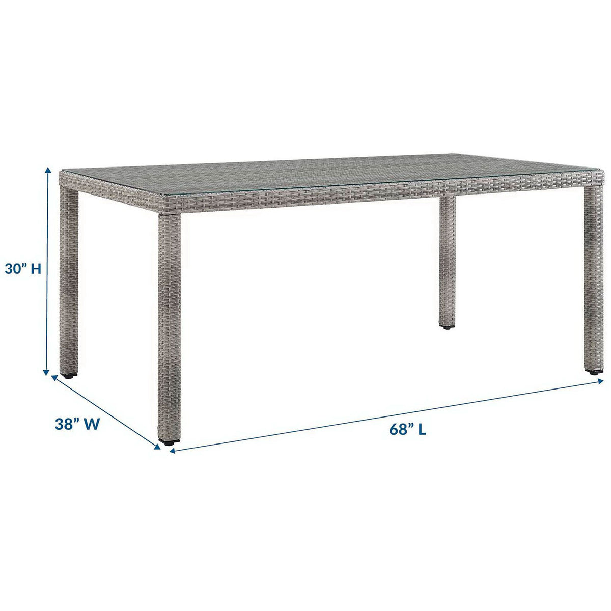Aura gray wicker dining table with labeled dimensions for length, width, and height || EEI-2921-GRY || dimension_studio
