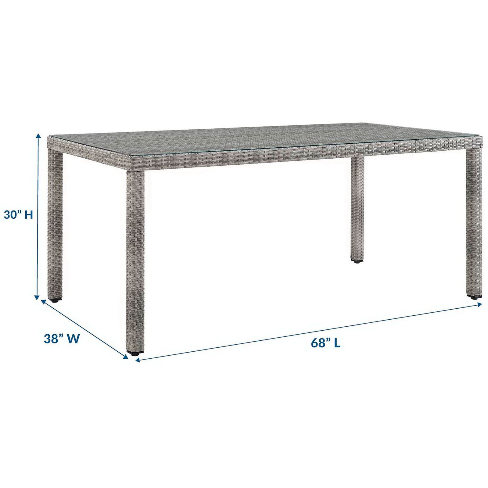 Aura gray wicker dining table with labeled dimensions for length, width, and height || EEI-2921-GRY || dimension_studio