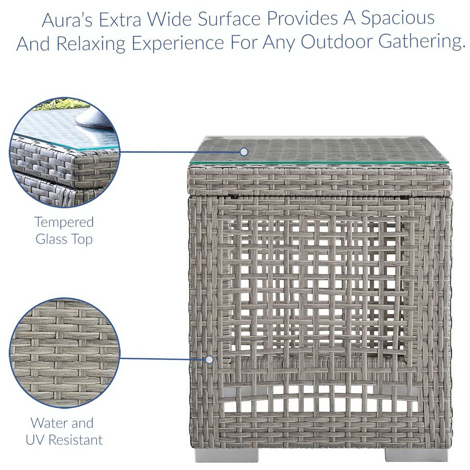 Feature details of Aura gray wicker side table highlighting tempered glass top and water-resistant weave. || EEI-2922-GRY || callout_studio