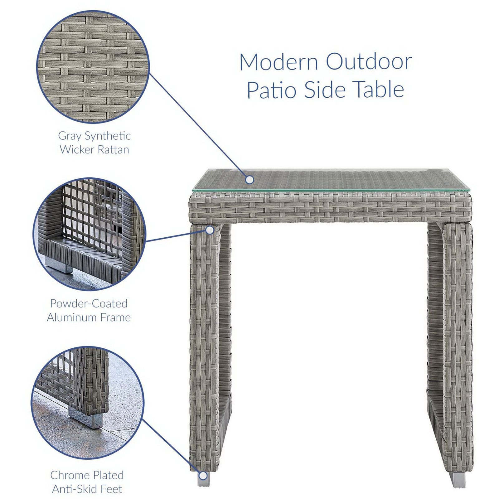 Feature details of Aura side table showcasing gray synthetic wicker, aluminum frame, and chrome feet. || EEI-2922-GRY || callout_studio