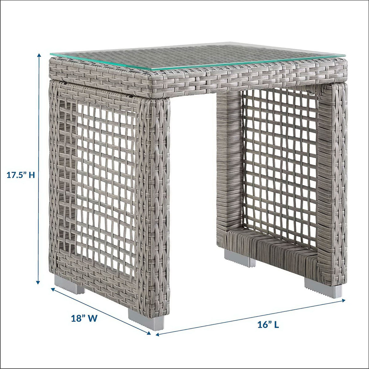 Aura gray wicker side table with tempered glass top shown with clear height and width dimensions. || EEI-2922-GRY || dimension_studio