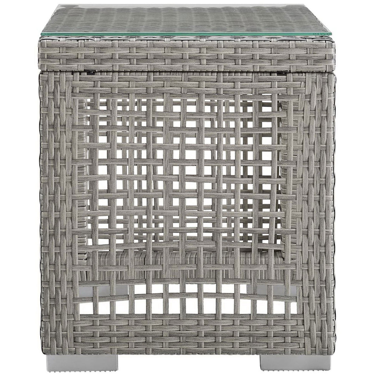 Compact gray wicker outdoor side table with tempered glass top and woven block-style legs. || EEI-2922-GRY || side_studio