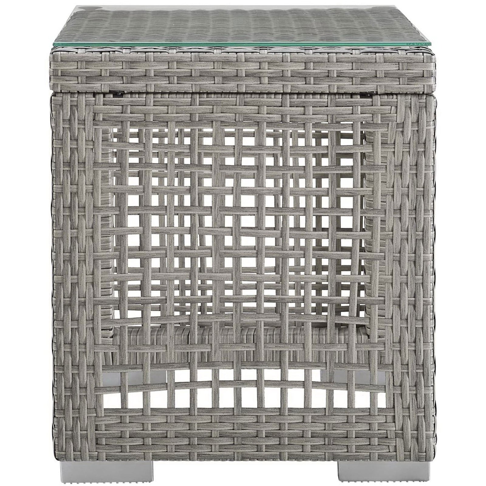 Compact gray wicker outdoor side table with tempered glass top and woven block-style legs. || EEI-2922-GRY || side_studio