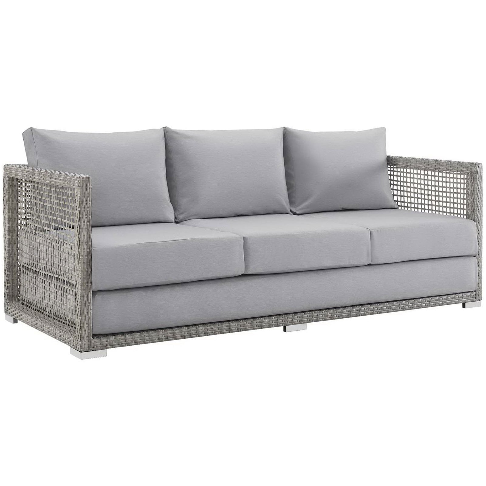 Contemporary gray wicker patio sofa showcasing wide track arms and thick seat and back cushions || EEI-2923-GRY-GRY || front_angle_studio