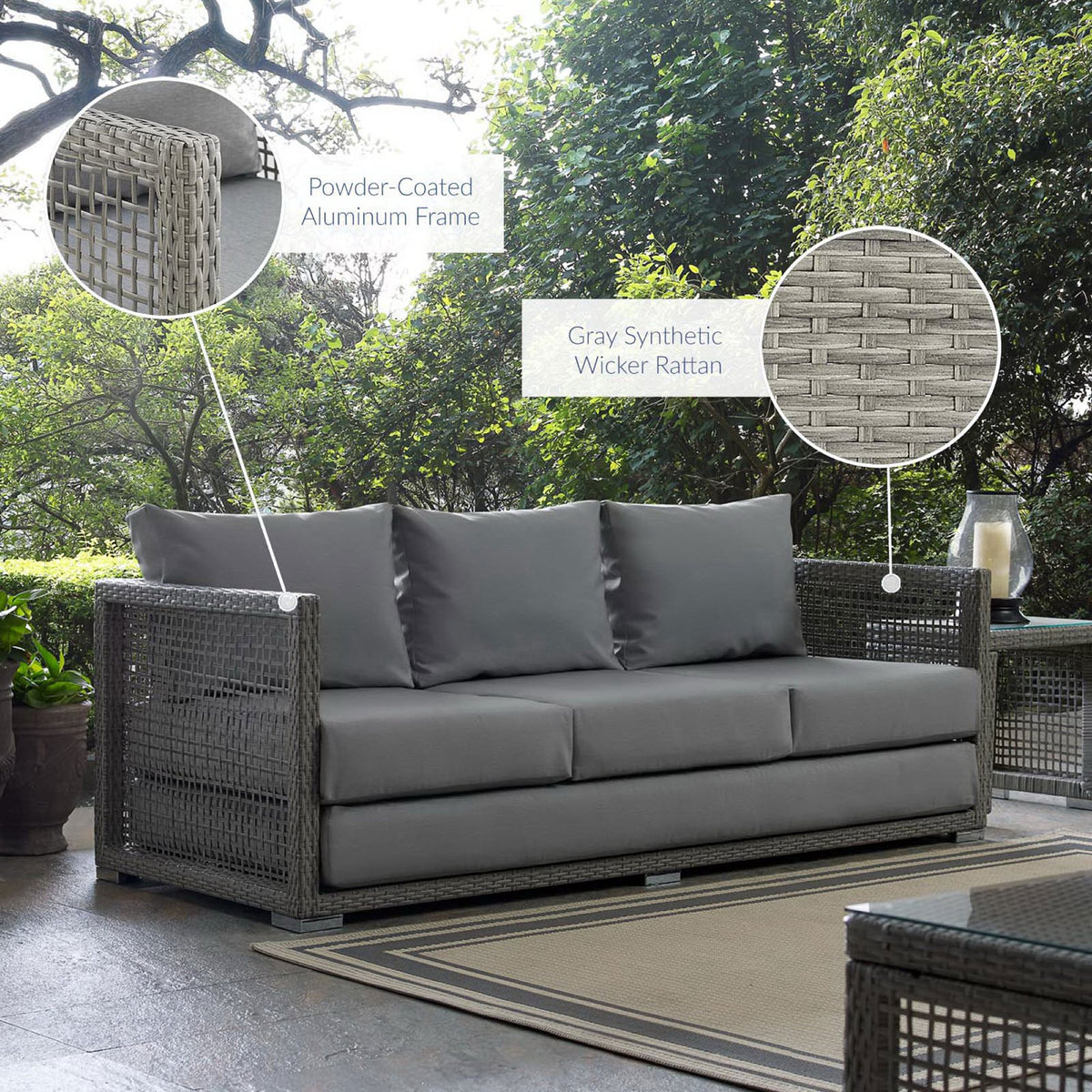 Gray wicker patio sofa with feature callouts for durable aluminum frame and weather resistant rattan weave || EEI-2923-GRY-GRY || callout_room