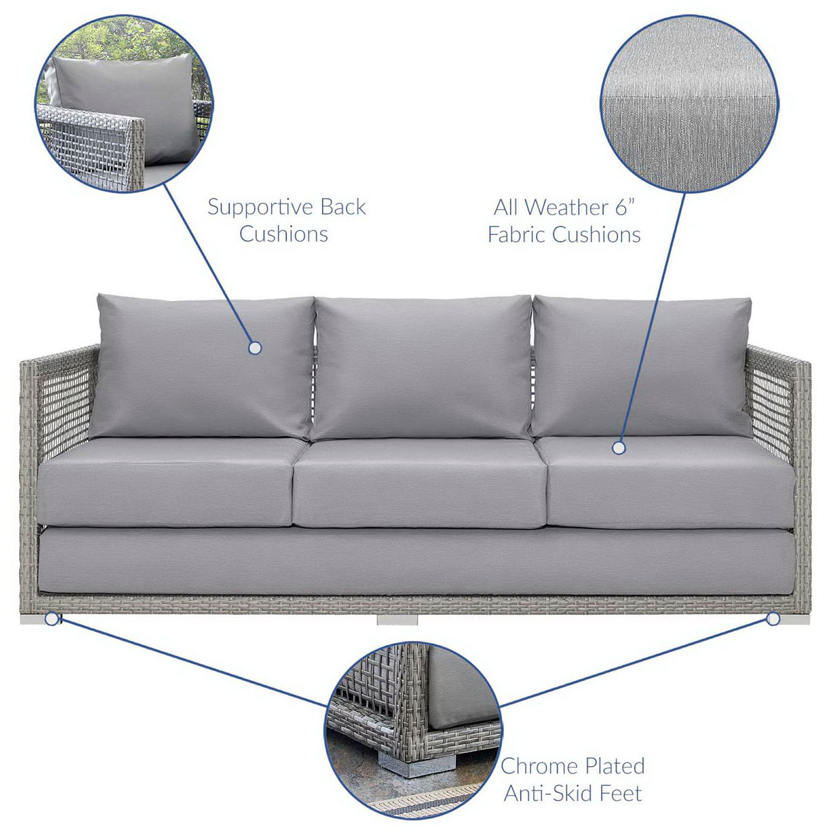 Gray outdoor sofa with labeled supportive back cushions, thick 6 inch seats, and chrome plated anti-skid feet || EEI-2923-GRY-GRY || callout_studio