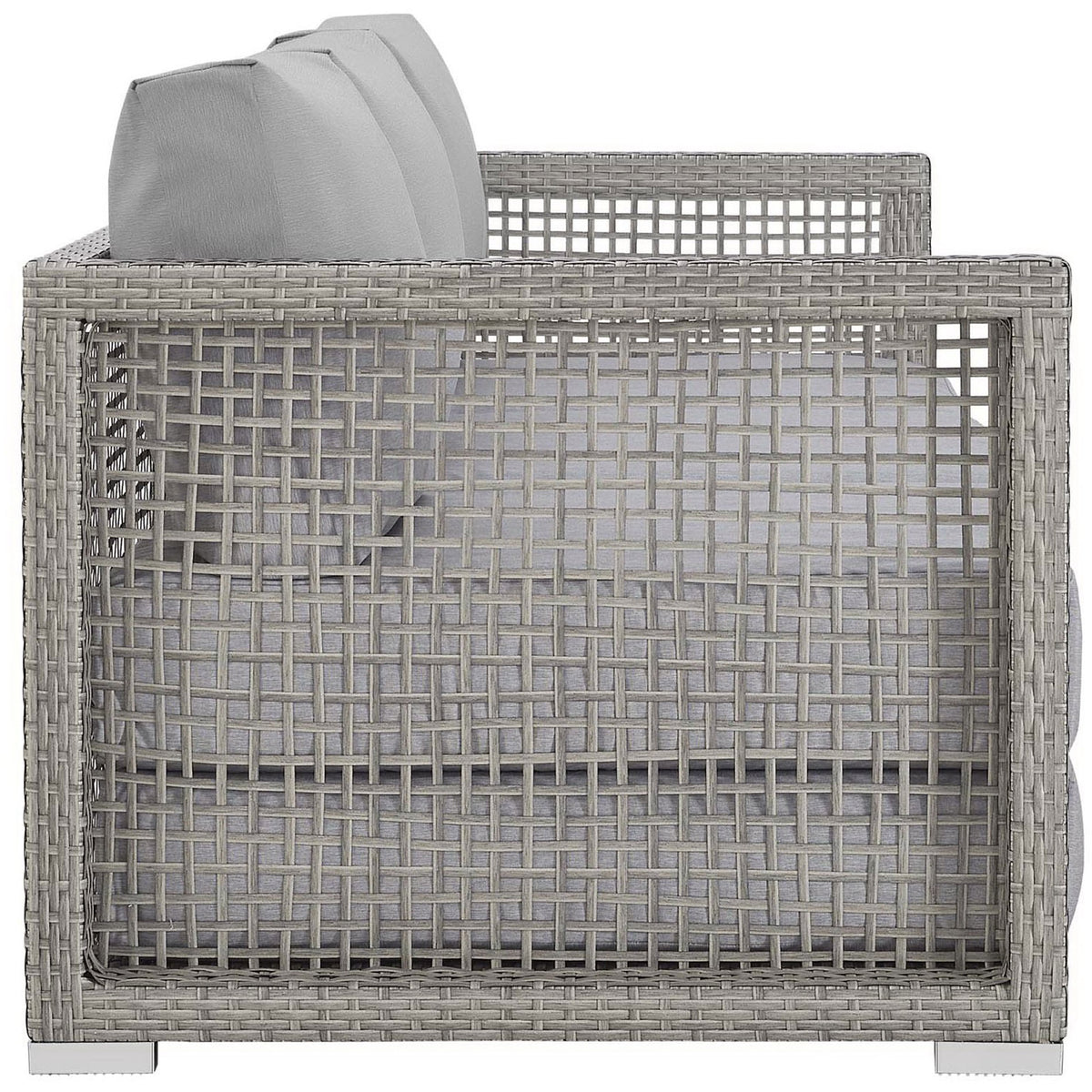 Gray wicker sofa highlighting the open rattan side panels and supportive boxy seat cushions || EEI-2923-GRY-GRY || side_studio