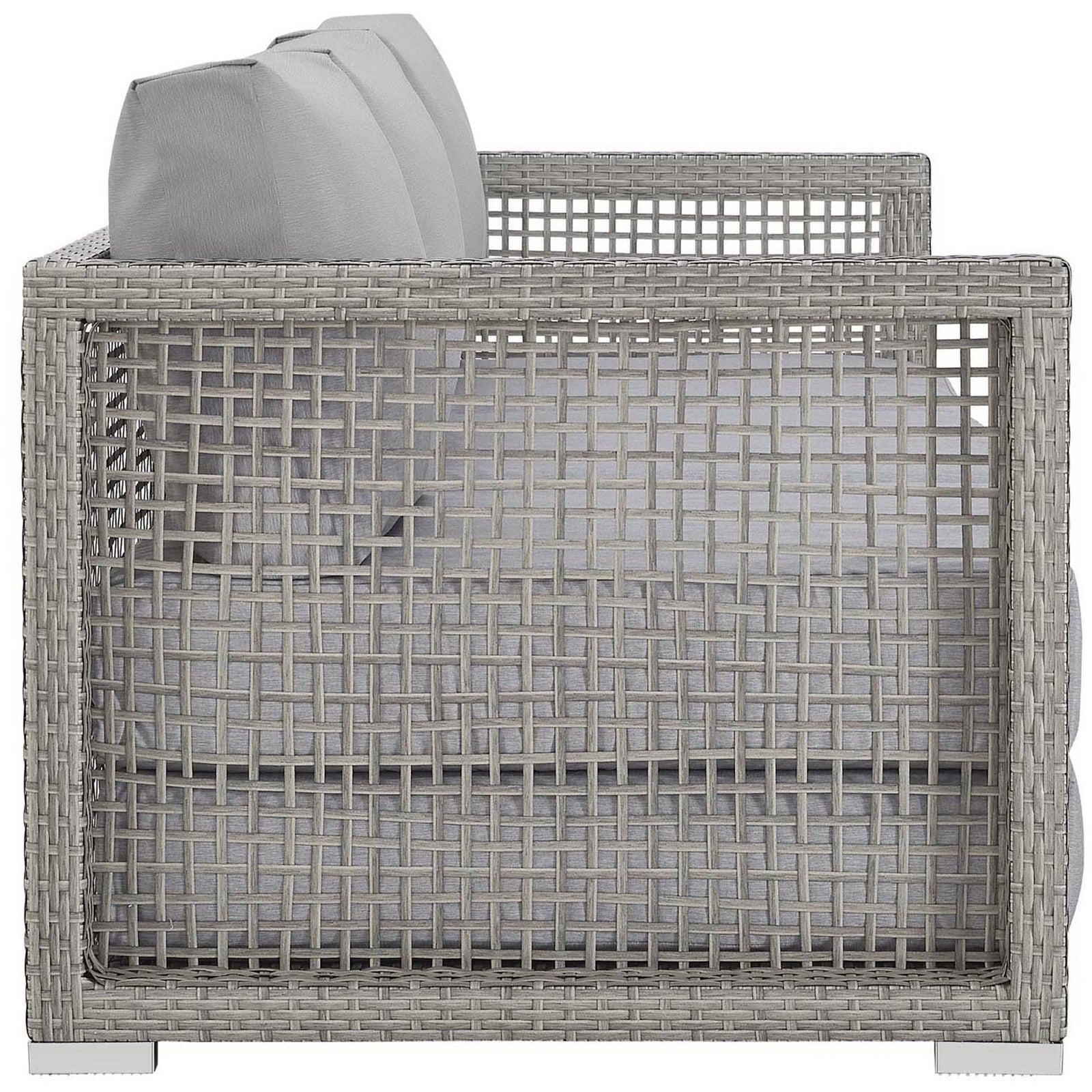 Gray wicker sofa highlighting the open rattan side panels and supportive boxy seat cushions || EEI-2923-GRY-GRY || side_studio