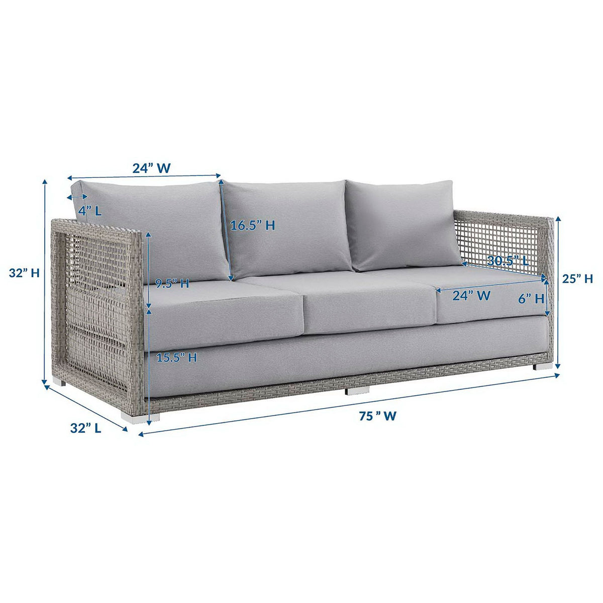 Gray wicker patio sofa with clearly marked overall, seat, back, and cushion dimensions for easy planning || EEI-2923-GRY-GRY || dimension_studio