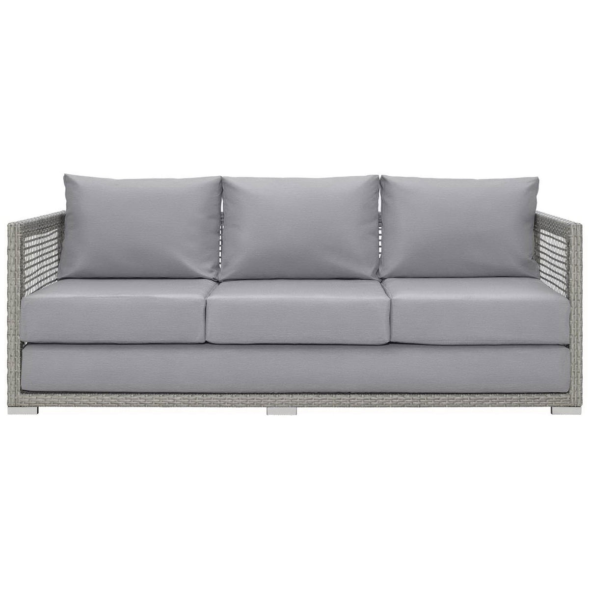 Gray wicker outdoor sofa with extra deep gray cushions and open lattice arms for modern patio seating || EEI-2923-GRY-GRY || front_studio