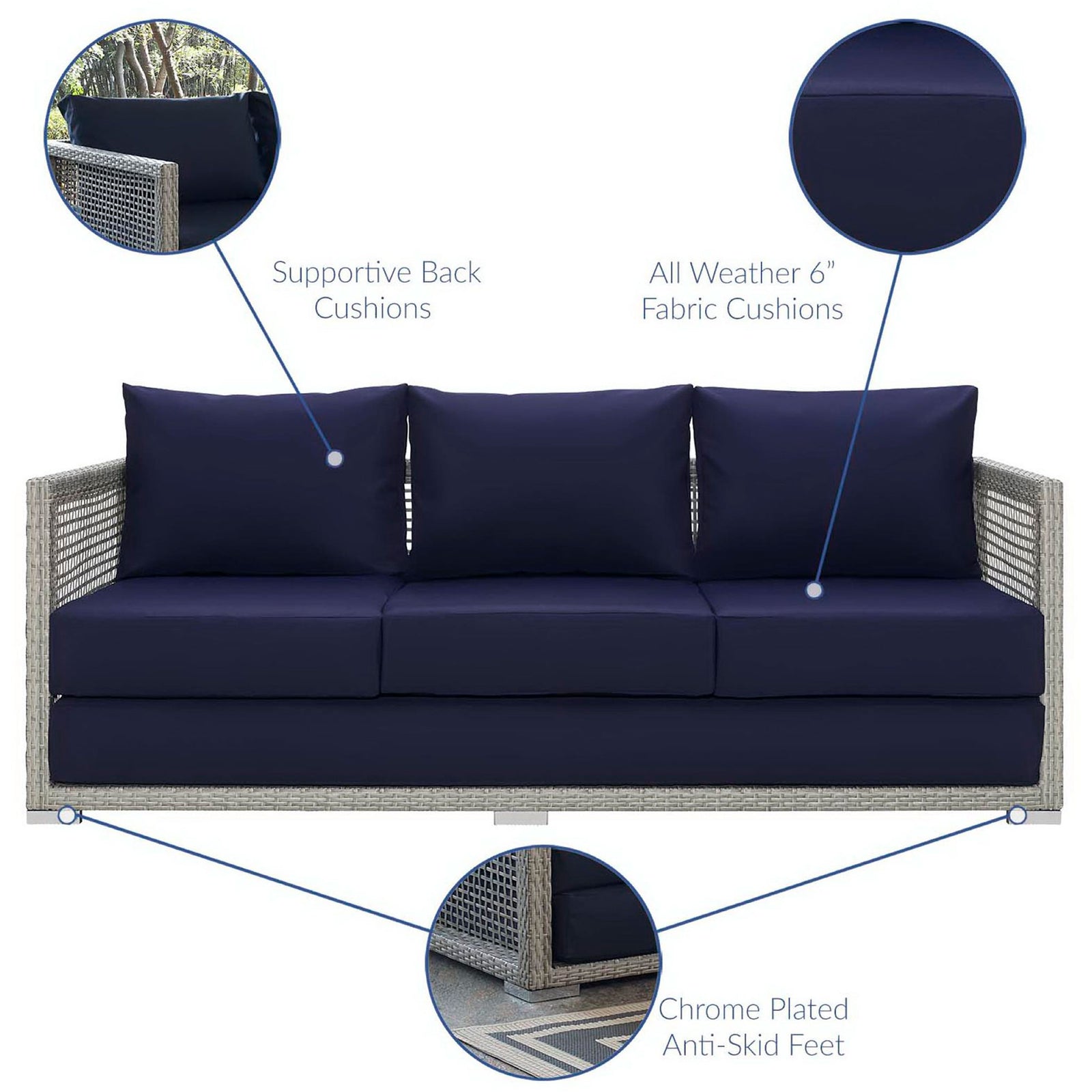 Navy cushion outdoor sofa with callouts for supportive back cushions and chrome plated anti-skid feet || EEI-2923-GRY-NAV || callout_studio