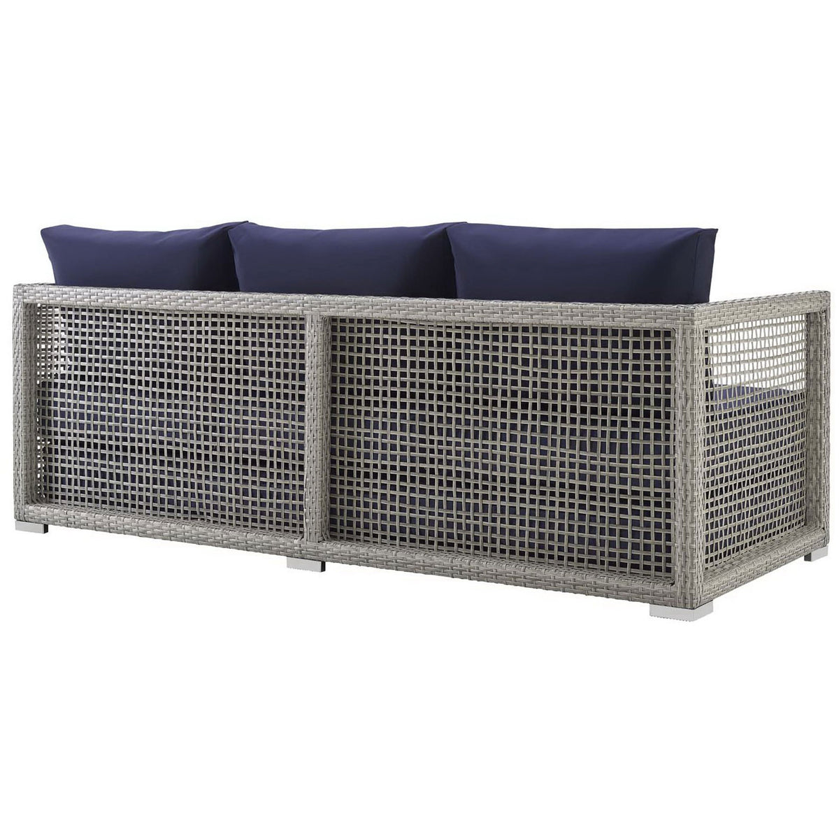 Gray wicker outdoor sofa with navy cushions and a fully woven back for breezy, open-air style || EEI-2923-GRY-NAV || back_angle_studio