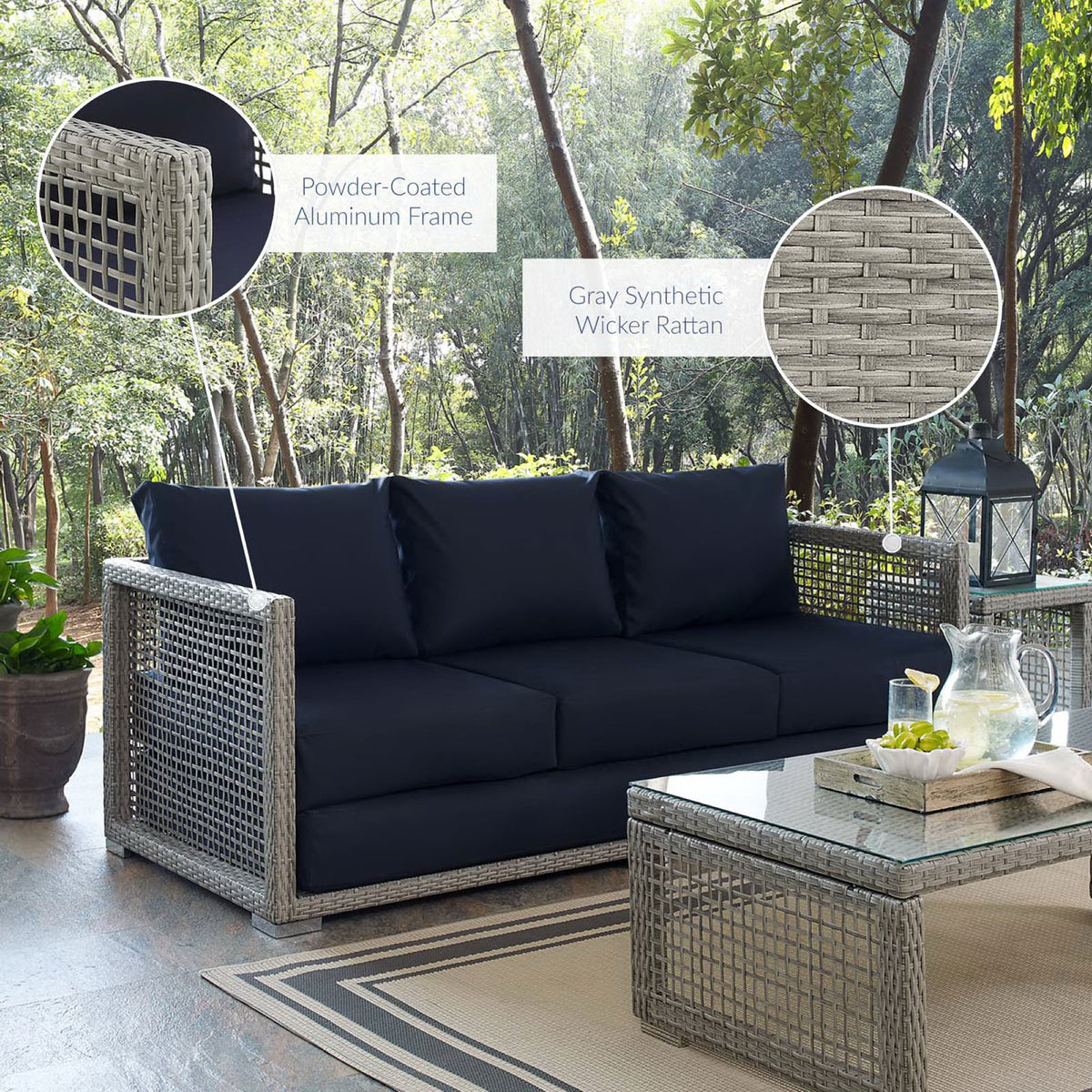 Outdoor scene featuring gray wicker sofa with navy cushions and callouts for its sturdy frame and rattan weave || EEI-2923-GRY-NAV || callout_room