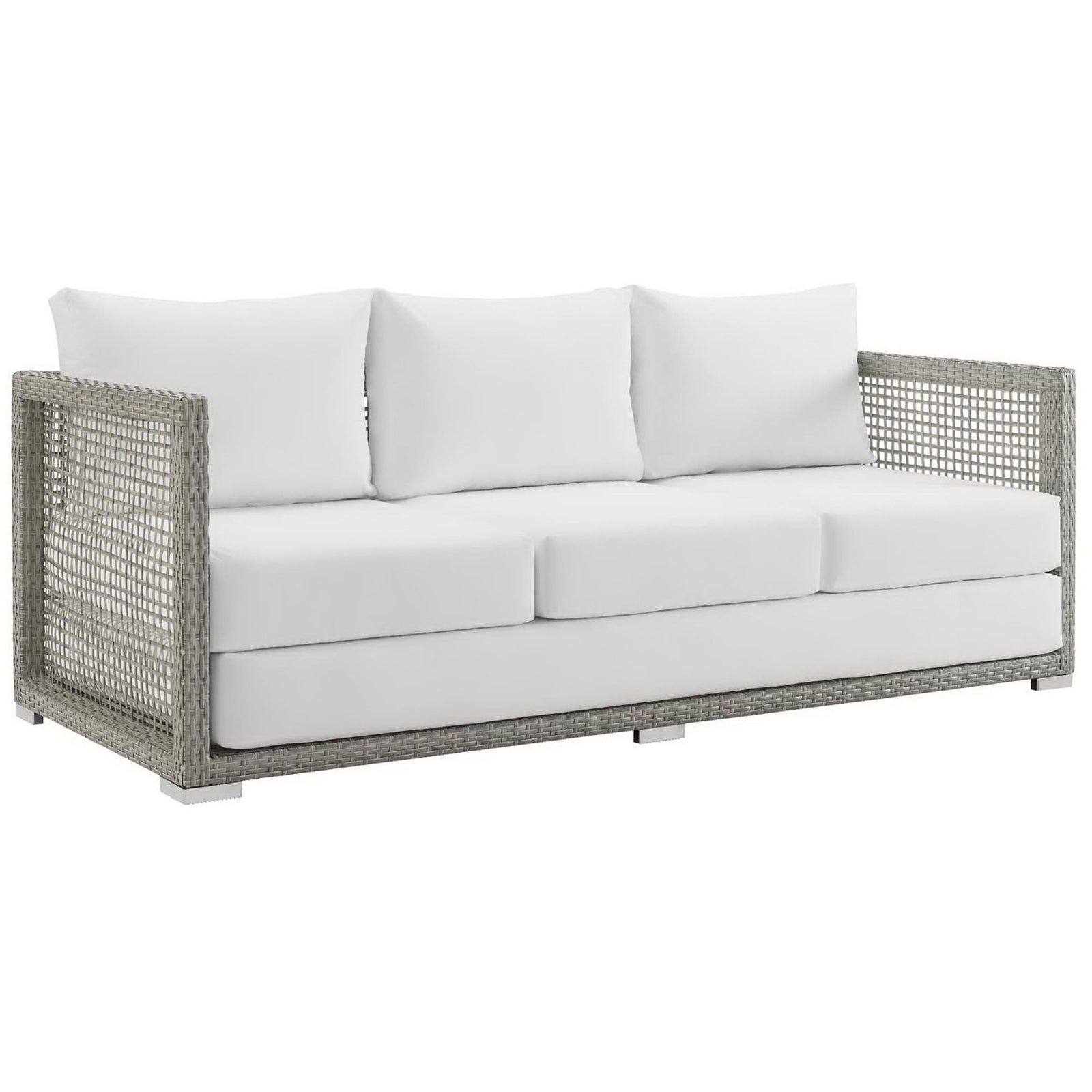 Gray wicker outdoor sofa with crisp white cushions creating a fresh, airy look for patios || EEI-2923-GRY-WHI || front_angle_studio