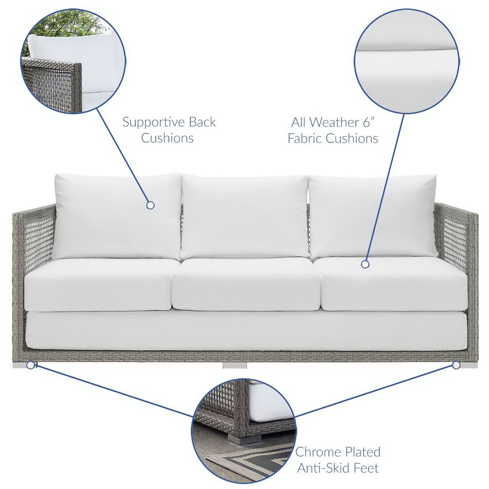 White cushion outdoor sofa with callouts for plush back support, thick seating, and chrome plated feet || EEI-2923-GRY-WHI || callout_studio