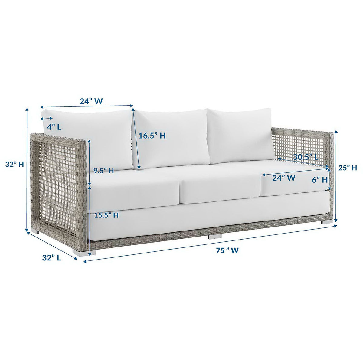 Gray wicker sofa with white cushions and detailed measurements to help plan outdoor seating areas || EEI-2923-GRY-WHI || dimension_studio