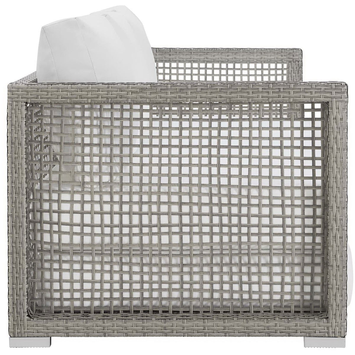 Gray rattan sofa with white cushions emphasizing the open lattice side panels and modern silhouette || EEI-2923-GRY-WHI || side_studio