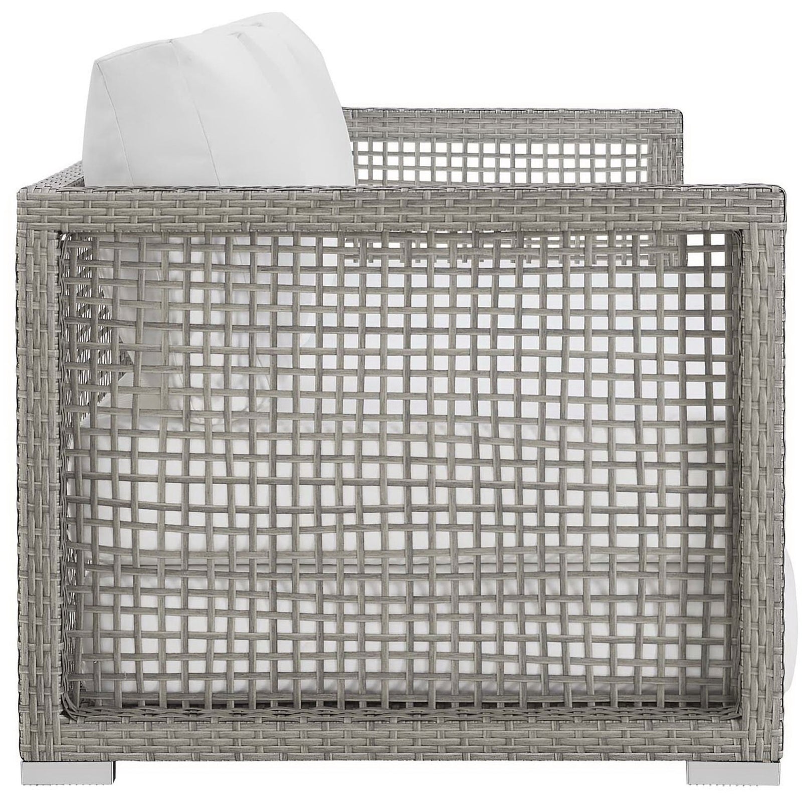 Gray rattan sofa with white cushions emphasizing the open lattice side panels and modern silhouette || EEI-2923-GRY-WHI || side_studio