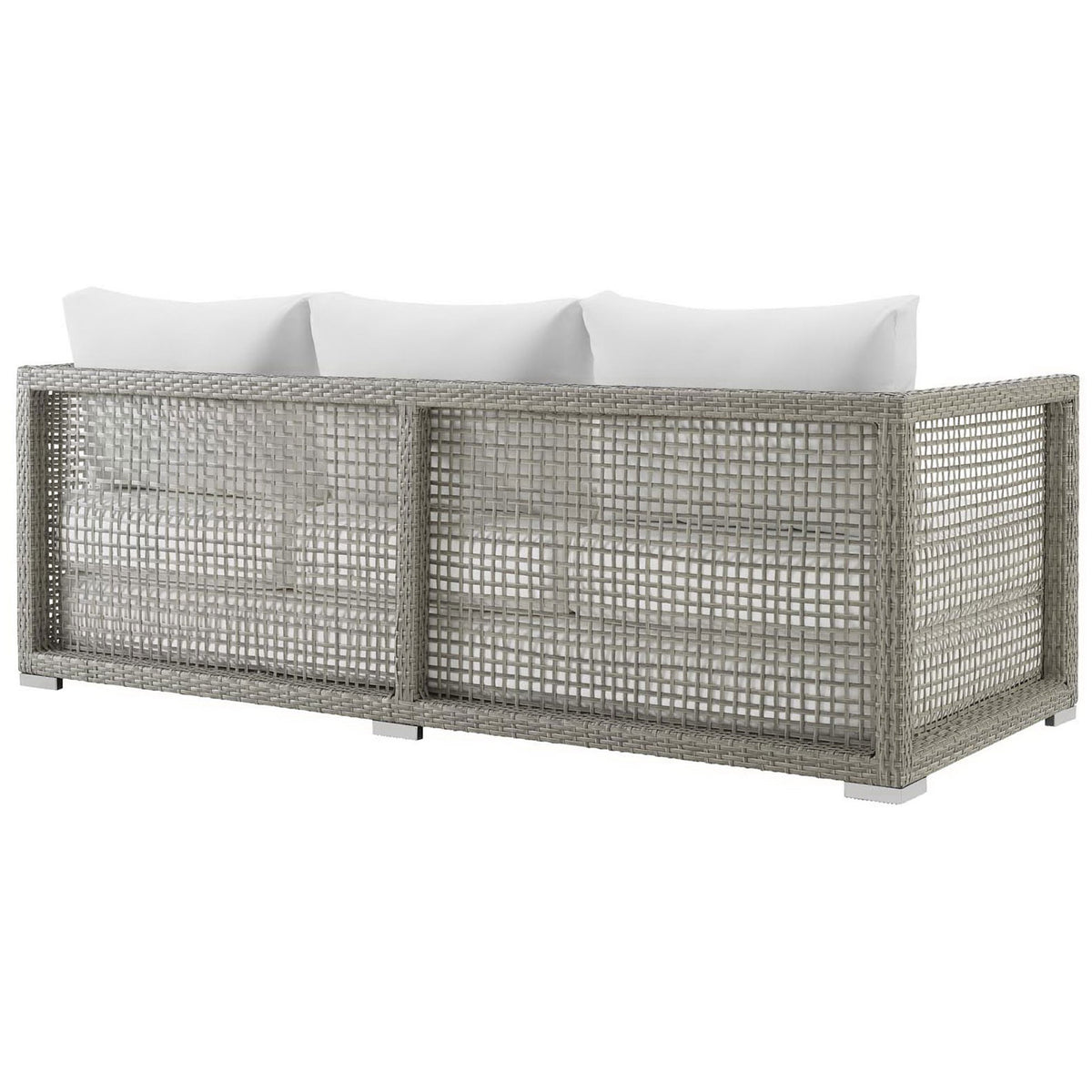 Gray wicker sofa with white cushions and a fully woven back that keeps the design light and open || EEI-2923-GRY-WHI || back_angle_studio