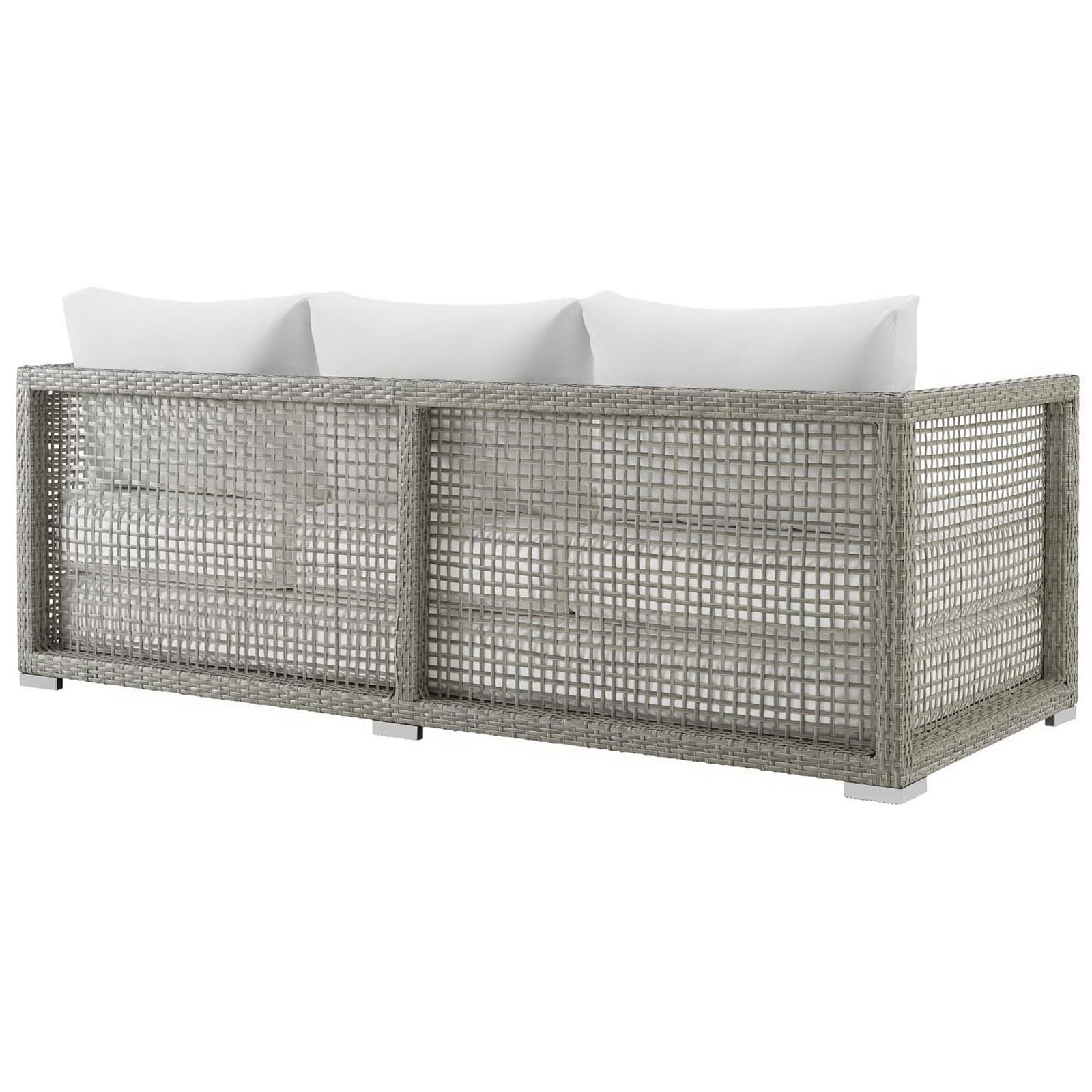 Gray wicker sofa with white cushions and a fully woven back that keeps the design light and open || EEI-2923-GRY-WHI || back_angle_studio