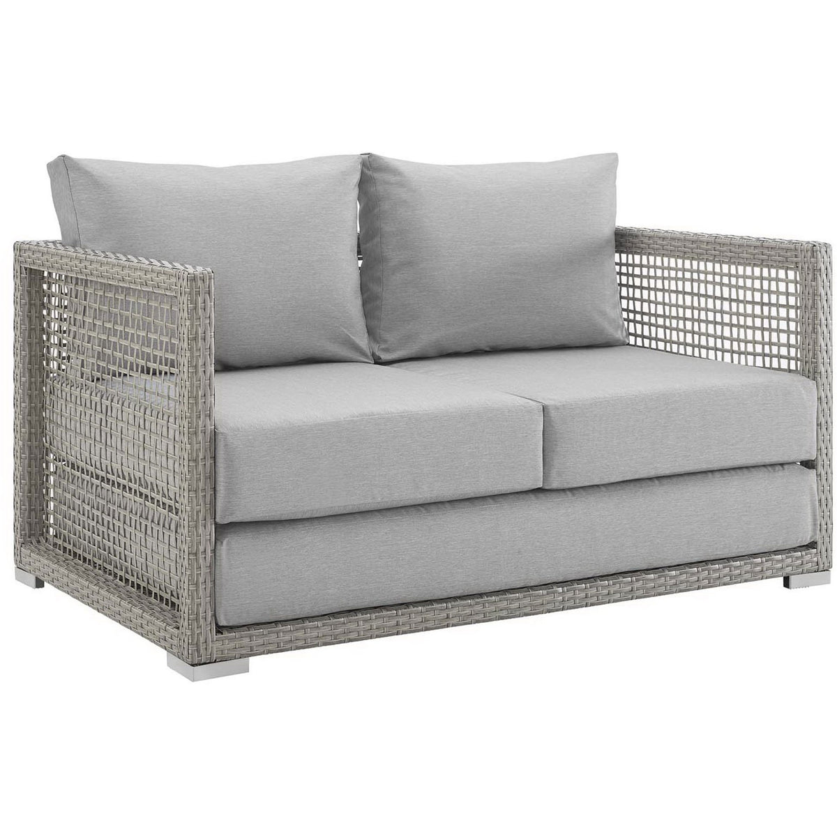 Modern gray wicker patio loveseat with thick box seat and back cushions || EEI-2924-GRY-GRY || front_angle_studio