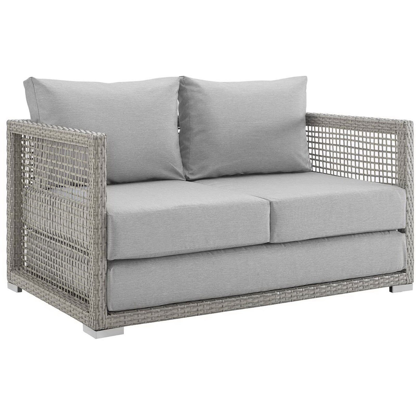 Modern gray wicker patio loveseat with thick box seat and back cushions || EEI-2924-GRY-GRY || front_angle_studio