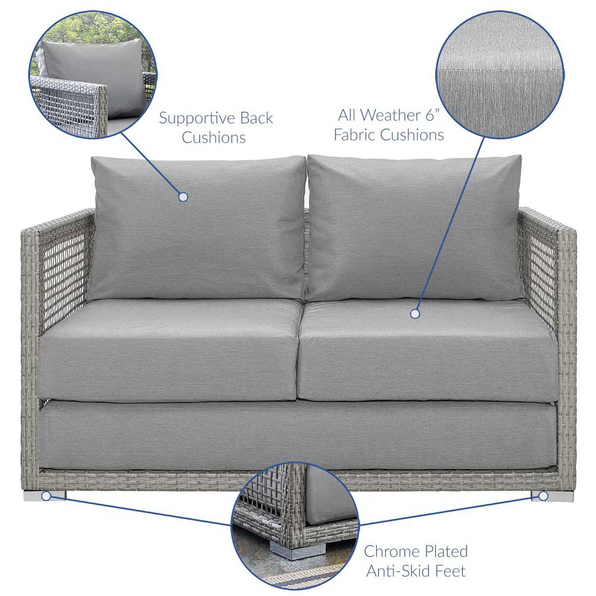 Gray outdoor loveseat highlighting supportive back cushions and chrome feet || EEI-2924-GRY-GRY || callout_studio