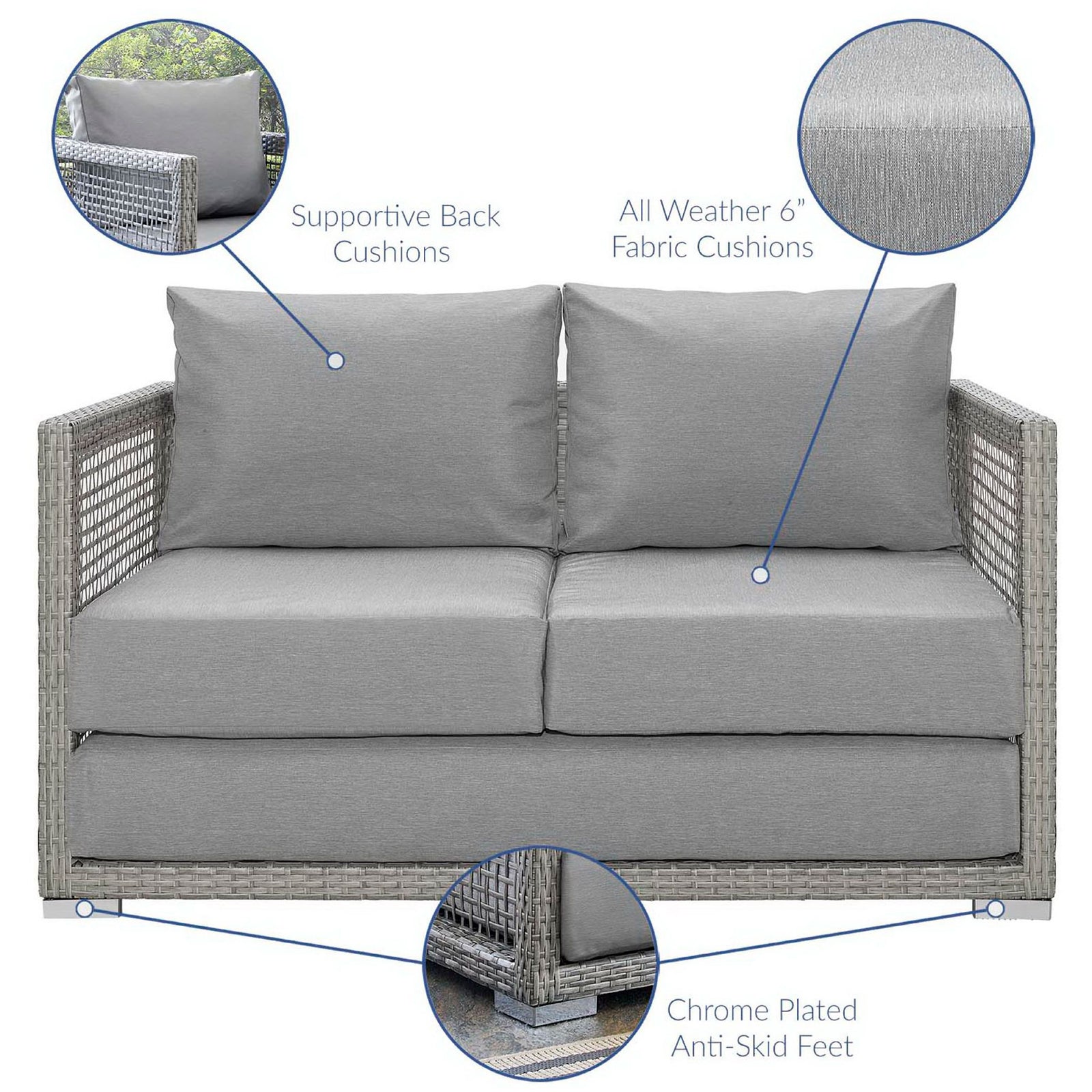Gray outdoor loveseat highlighting supportive back cushions and chrome feet || EEI-2924-GRY-GRY || callout_studio