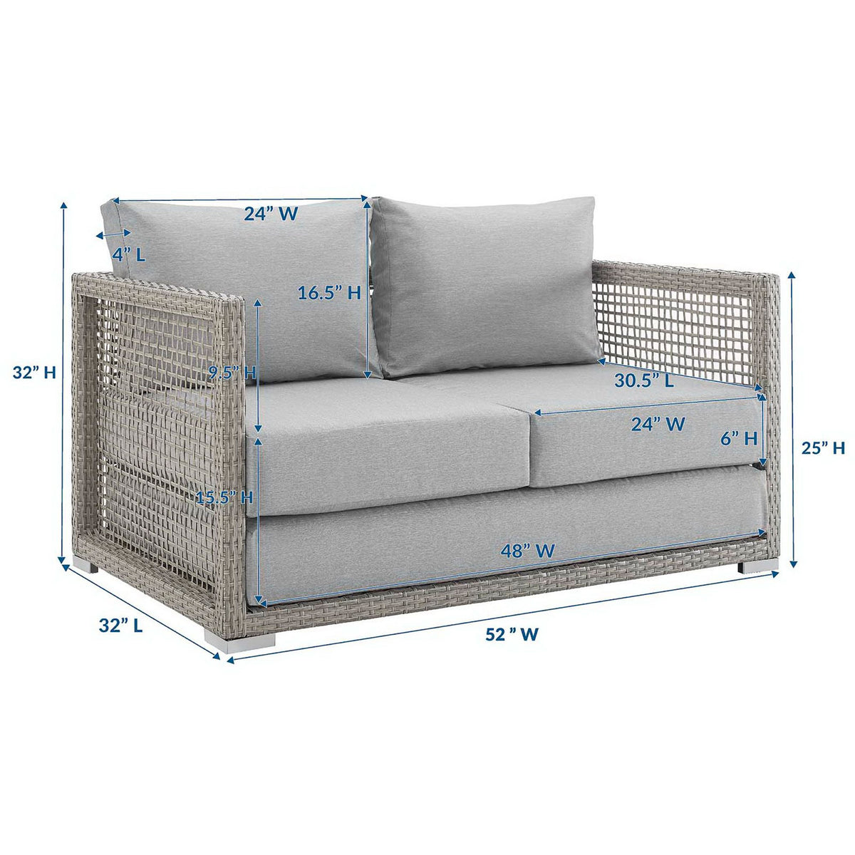 Gray patio loveseat with cushions and labeled dimensions for overall size || EEI-2924-GRY-GRY || dimension_studio