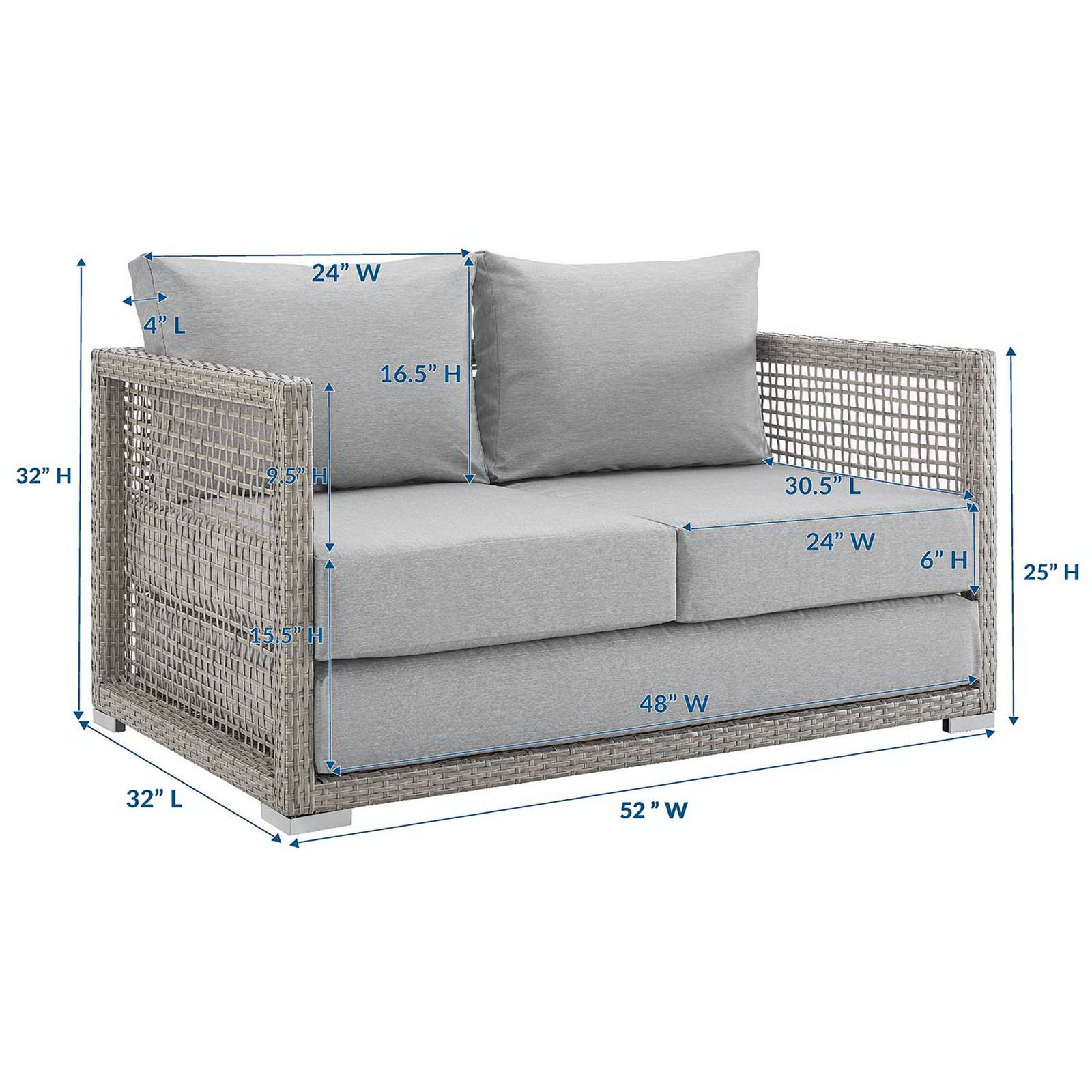 Gray patio loveseat with cushions and labeled dimensions for overall size || EEI-2924-GRY-GRY || dimension_studio