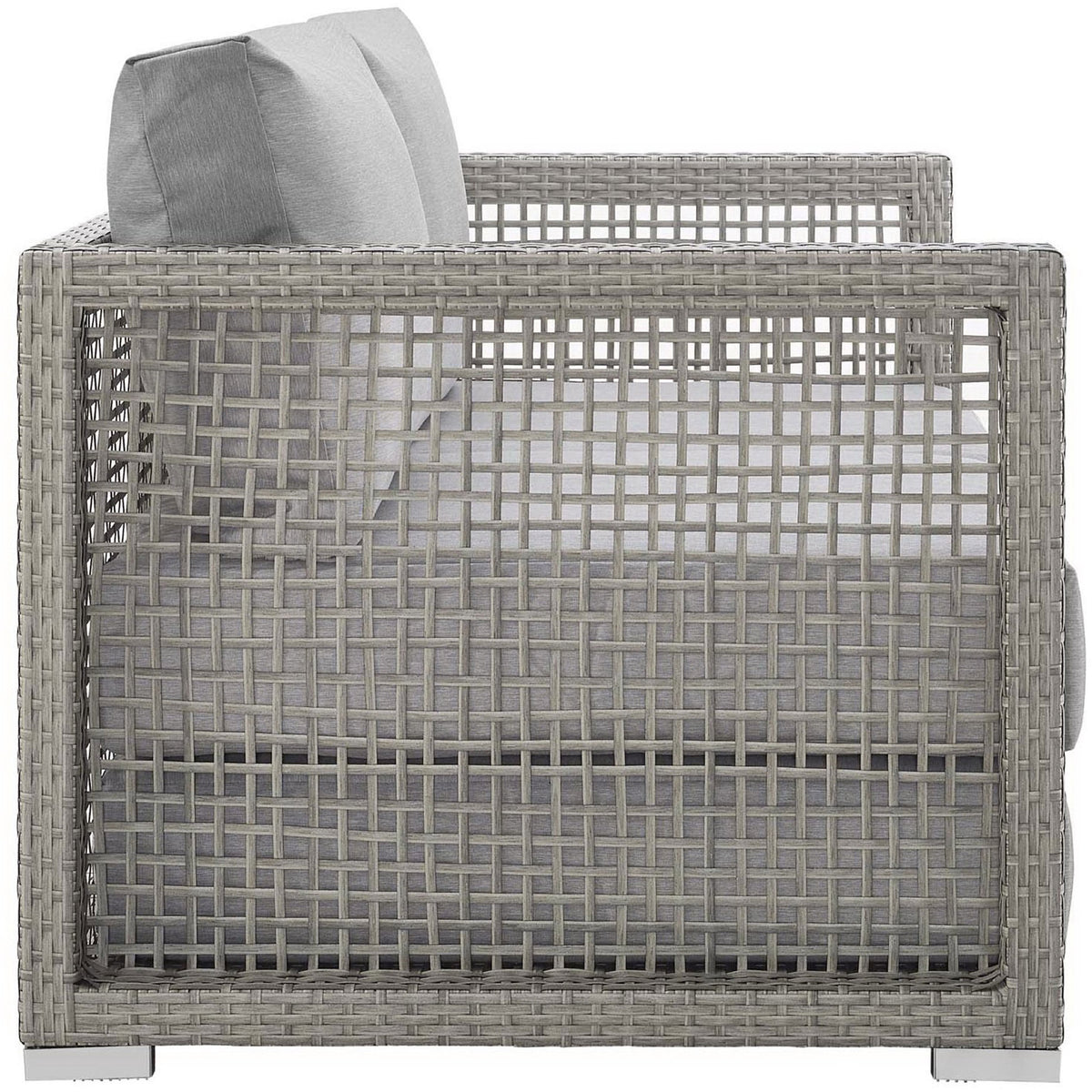 Aura gray wicker loveseat showing open lattice arms and deep seat cushions || EEI-2924-GRY-GRY || side_studio