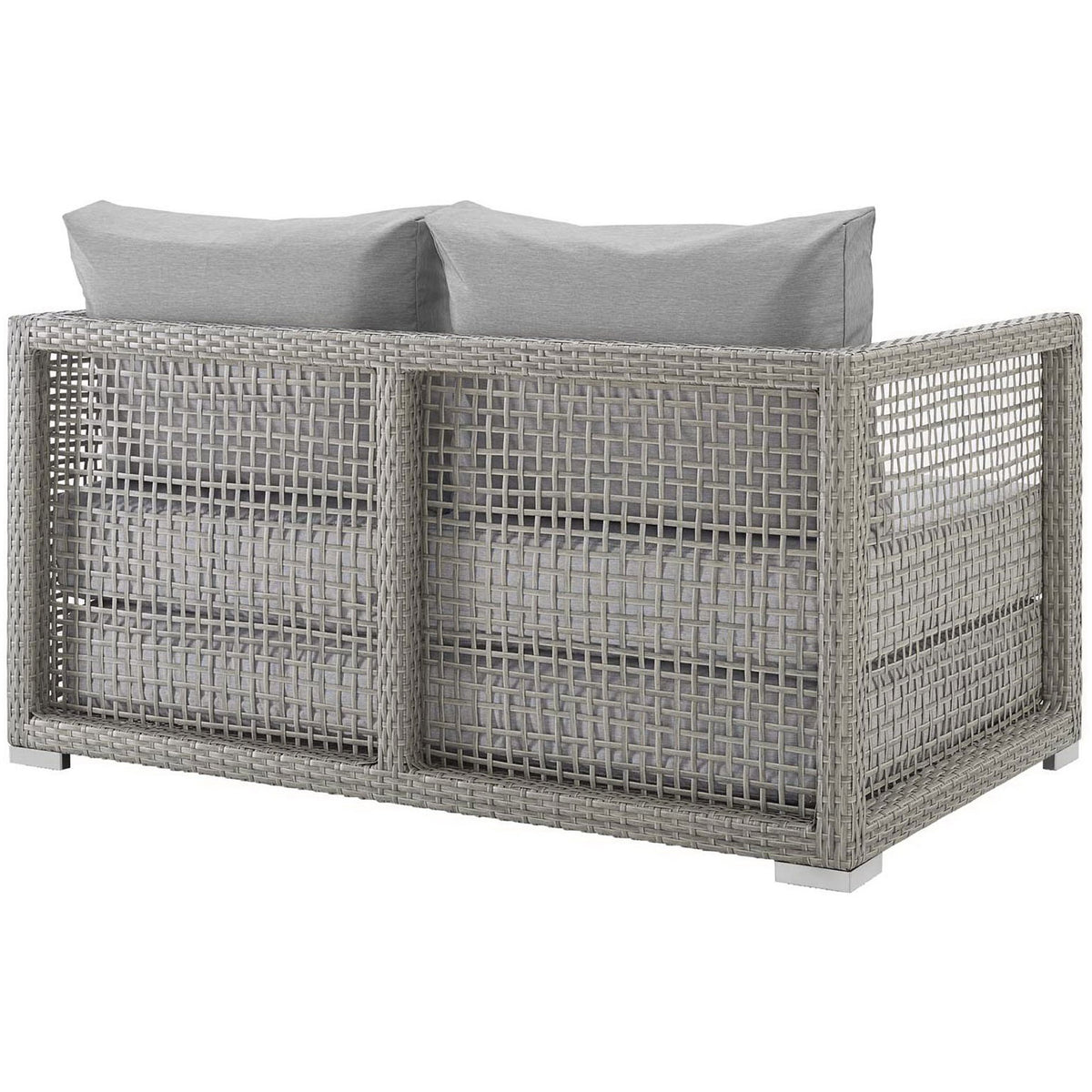 Gray rattan loveseat with full woven back panel and low block feet || EEI-2924-GRY-GRY || back_studio