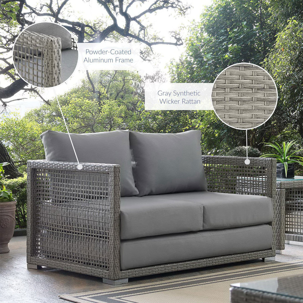 Aura gray wicker loveseat on patio with features of frame and rattan weave || EEI-2924-GRY-GRY || callout_room