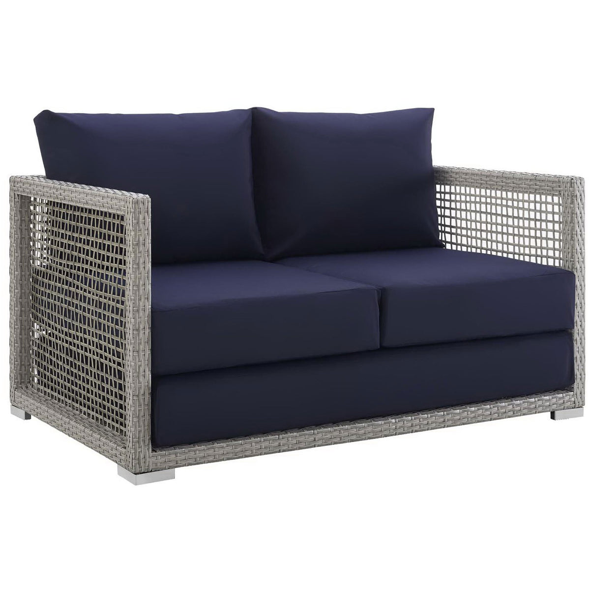 Gray wicker patio loveseat with deep navy cushions and wide track arms || EEI-2924-GRY-NAV || front_angle_studio