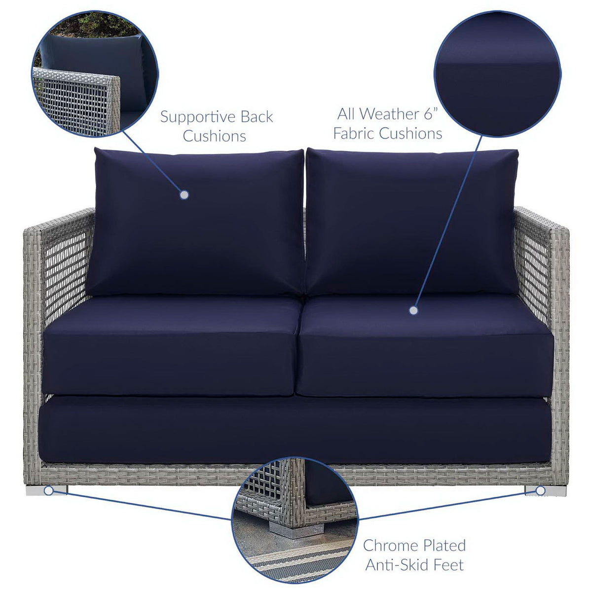 Outdoor loveseat highlighting supportive navy cushions and chrome feet || EEI-2924-GRY-NAV || callout_studio